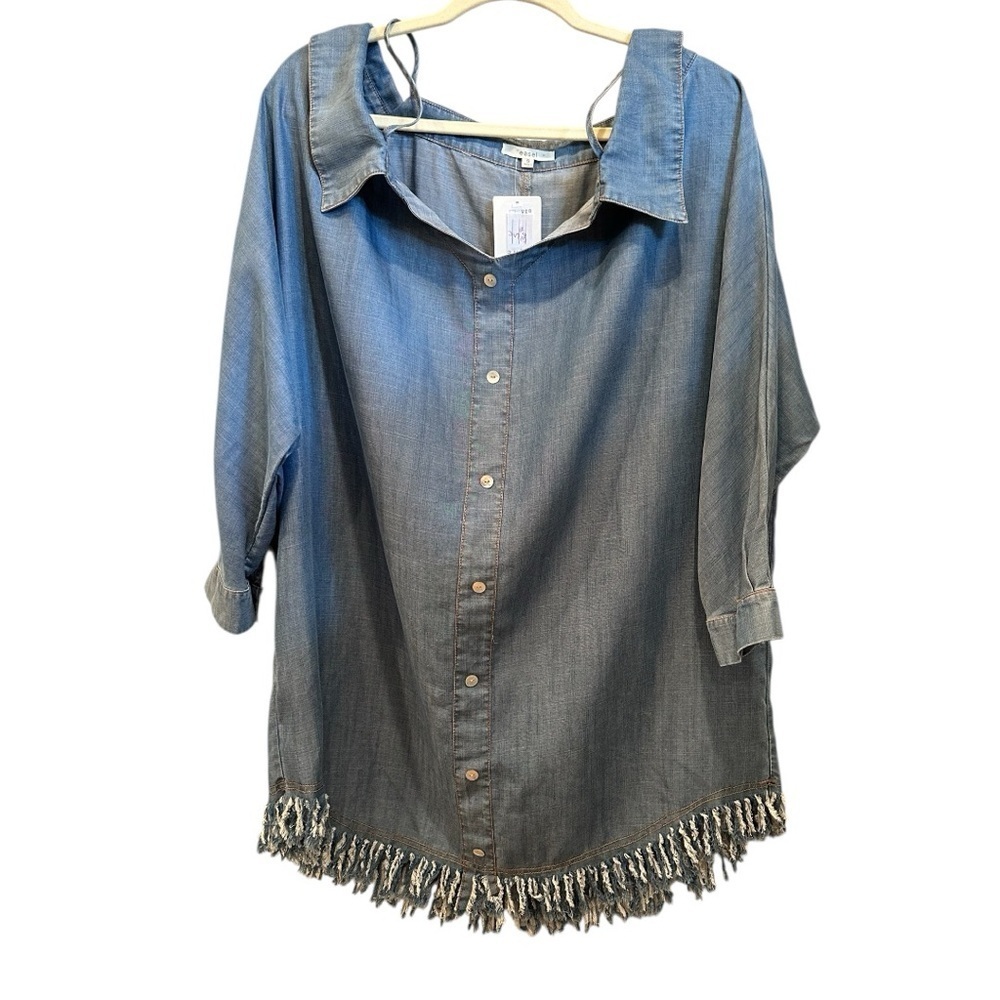 Easel NWT Blue Denim Top Tunic Mini Dress with Fringe Western Rodeo Sz S OS